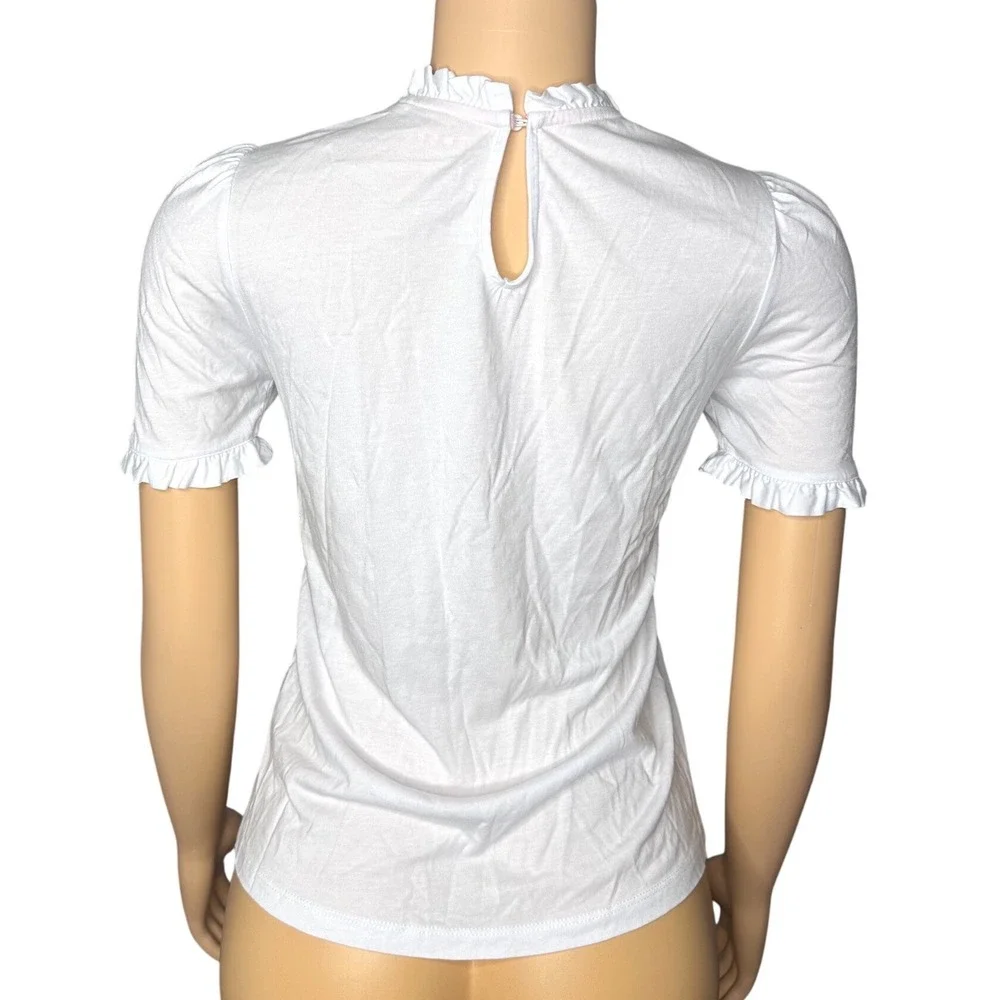 Boden Women's Supersoft Frill Detail Ruffle Neck Puff Sleeve T-shirt Sz 6 White